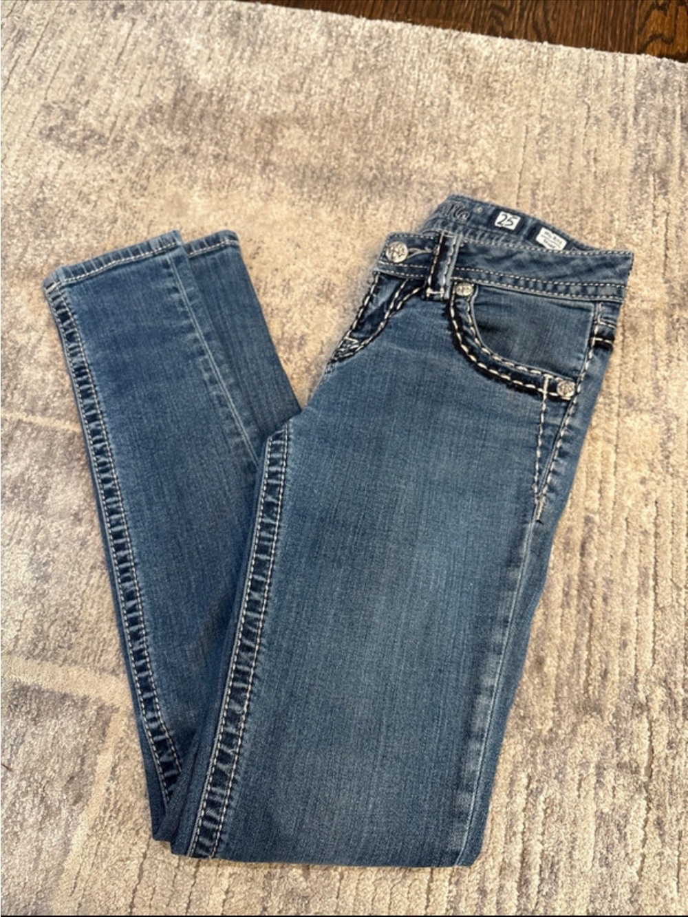 Miss Me Skinny Blue Denim Jeans with Contrast Stitching